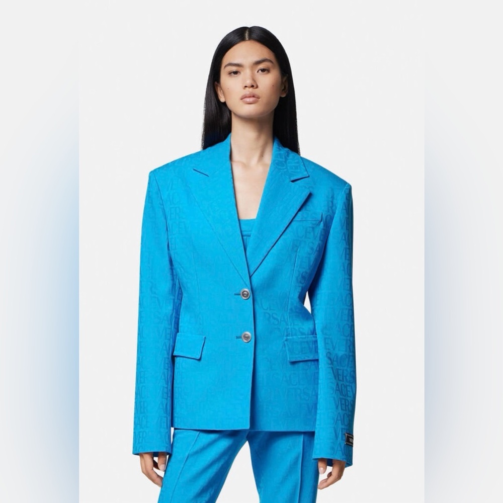 Versace Allover virgin-wool jacquard turquoise blazer 38